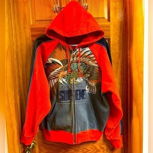 Supreme Red and Blue Zip Up Sweater